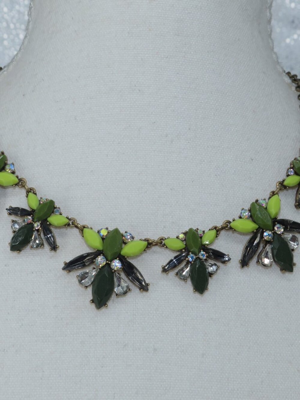 LOFT green rhinestone statement necklace green olive lime brass chain short 19"